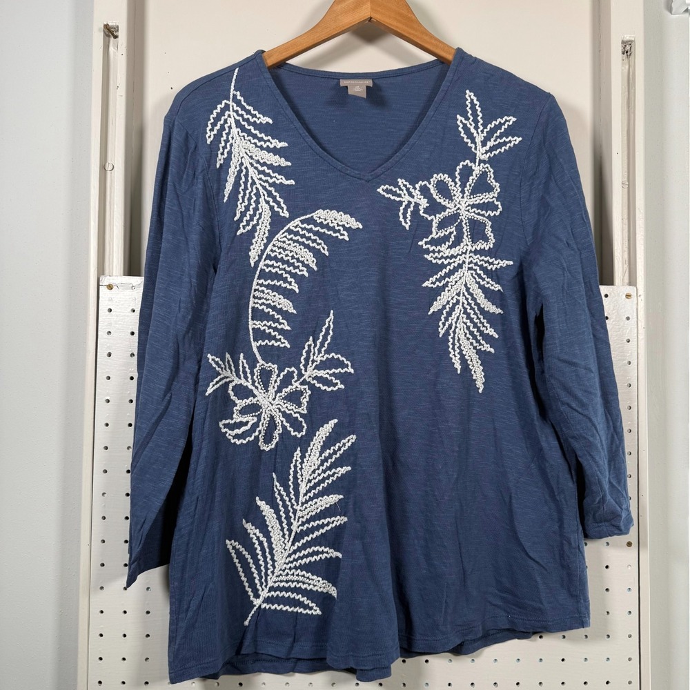 Chico's Blouse Women's Blue White Beads Embroidered Long Sleeve‎ Top - Large (2)